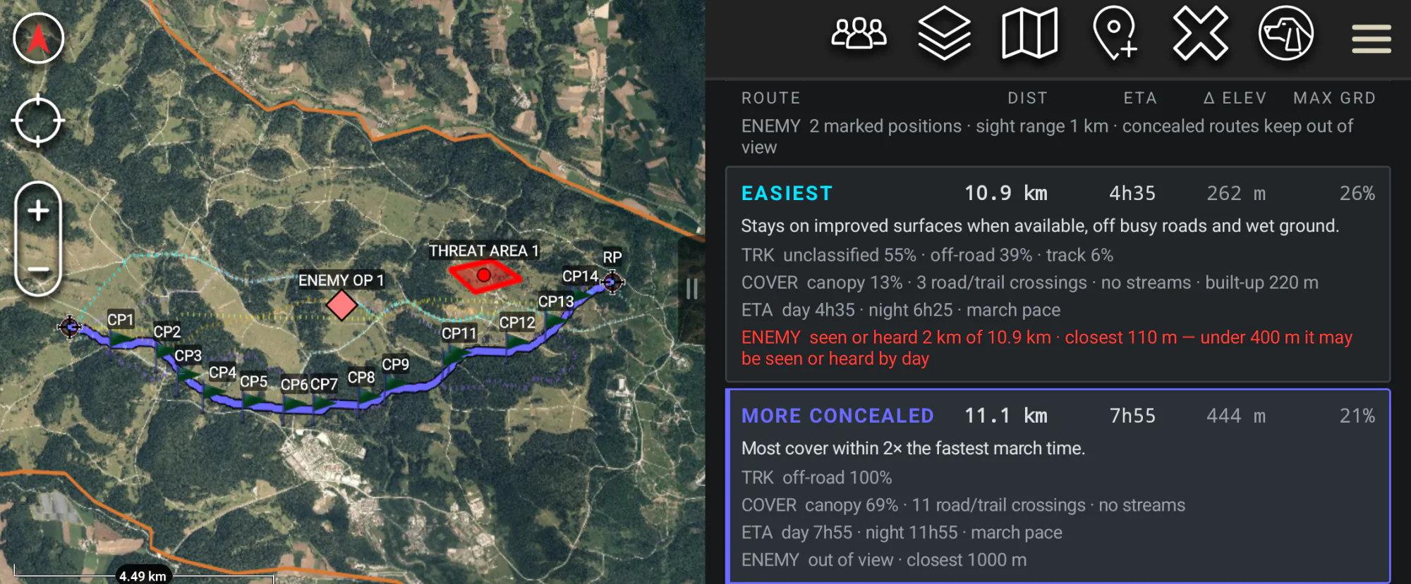 Auto-Router route comparison inside ATAK: EASIEST is seen or heard along 2 km of 10.9 km, MORE CONCEALED covers 11.1 km out of view under 69% canopy.